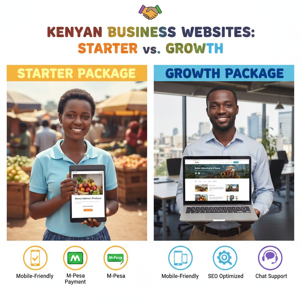 A dynamic, friendly comparison image featuring two Kenyan business owners: one with a simple, affordable single-page website representing the Starter Package, and another with a multi-page, feature-rich website symbolizing the Growth Package. Included are mobile-friendly designs, M-Pesa payment, SEO, and chat support.