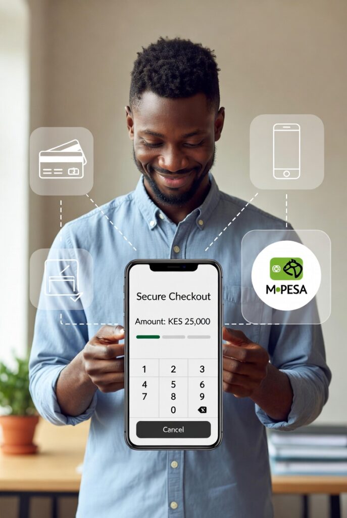 A modern Kenyan business owner completing an online payment on a mobile phone via M-Pesa, with a secure checkout interface, highlighting ease and trust in mobile commerce.