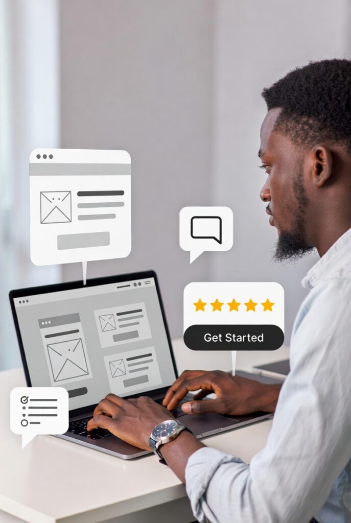 A bright, professional image showing a Kenyan entrepreneur working on a laptop with website wireframes and homepage content drafts visible on screen.