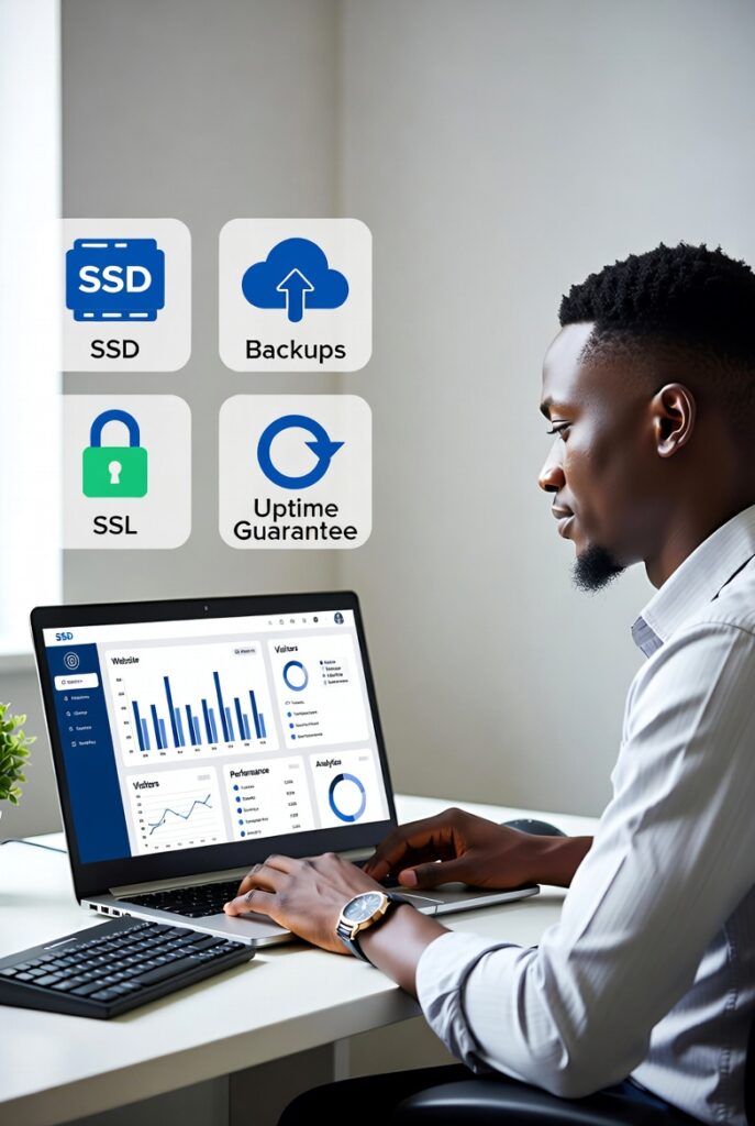 Affordable Hosting Kenya: SSD Storage, Backups, Support | Zedify 1 A Kenyan entrepreneur checking a fast-loading website dashboard on a laptop in a small office.