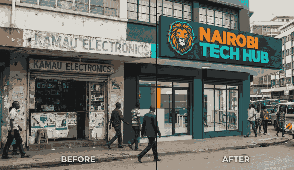Nairobi SME storefront with bold logo signage, modern colors, before/after rebrand mockup.