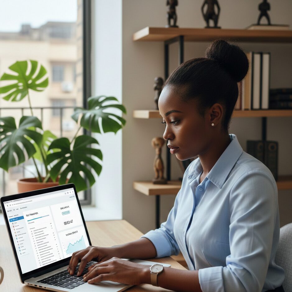 A clean, professional image of a Kenyan SME owner working on a laptop showing website migration progress screen (file transfers, DNS update pending), accompanied by uptime graph showcasing 99.9% reliability, set in a modern home office or small shop environment.
