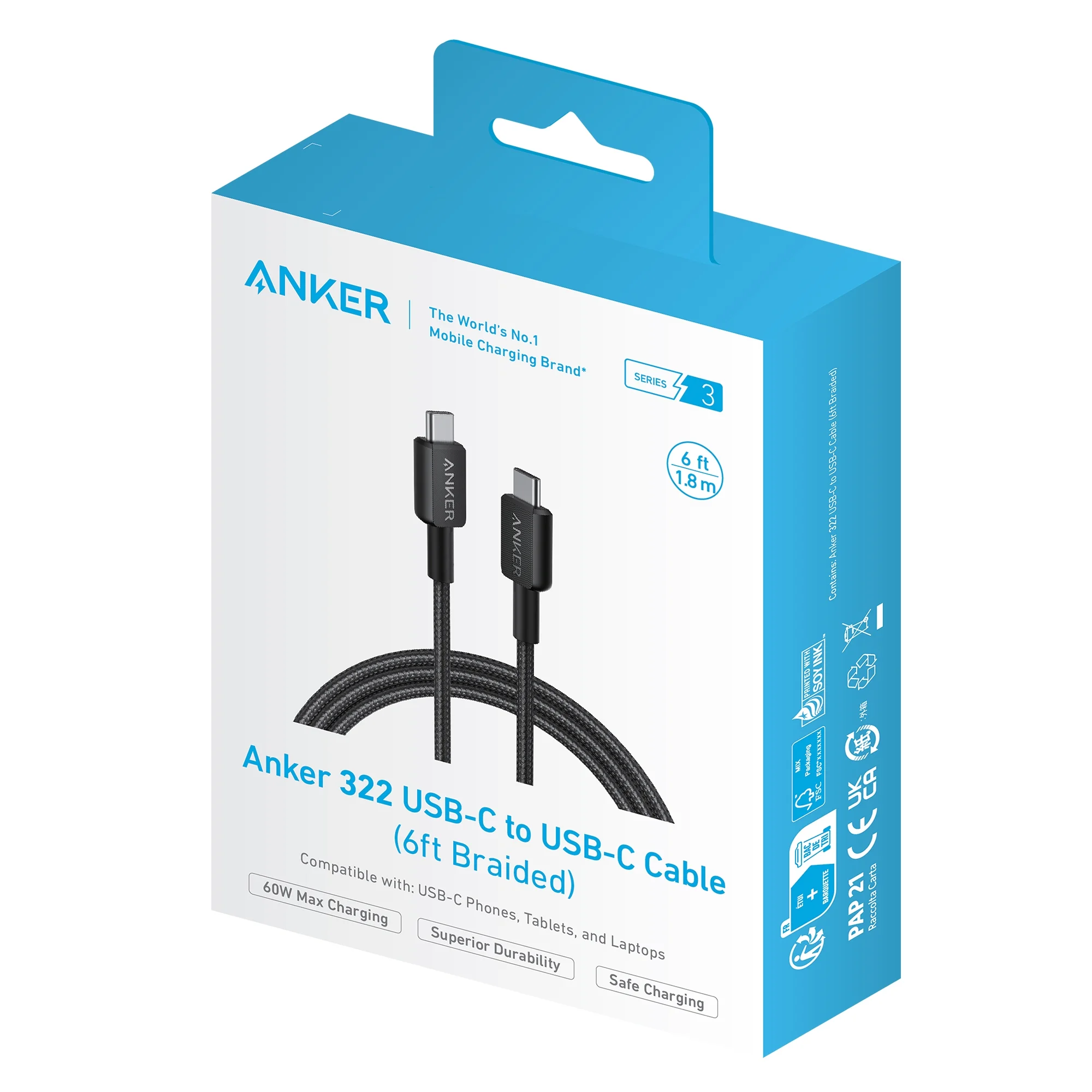 Anker Braided USB-C to USB-C Cable (6ft, 60W) - Heavy Duty Fast Charging 5 ANKER: The World's No. 1 Mobile Charging Brand