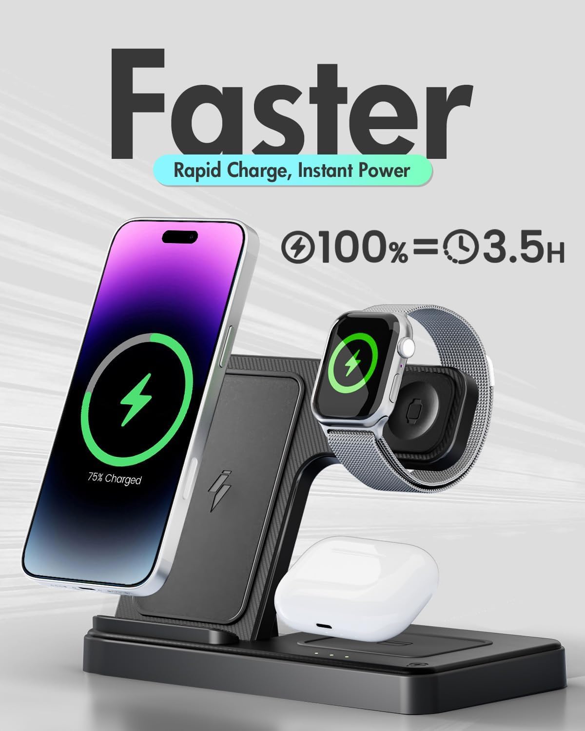 3-in-1 Foldable Wireless Charging Station for Apple - iPhone 17/16/15/14/13, Apple Watch Ultra/10/9/8, and AirPods Pro 4/3 5 Rapid Charge