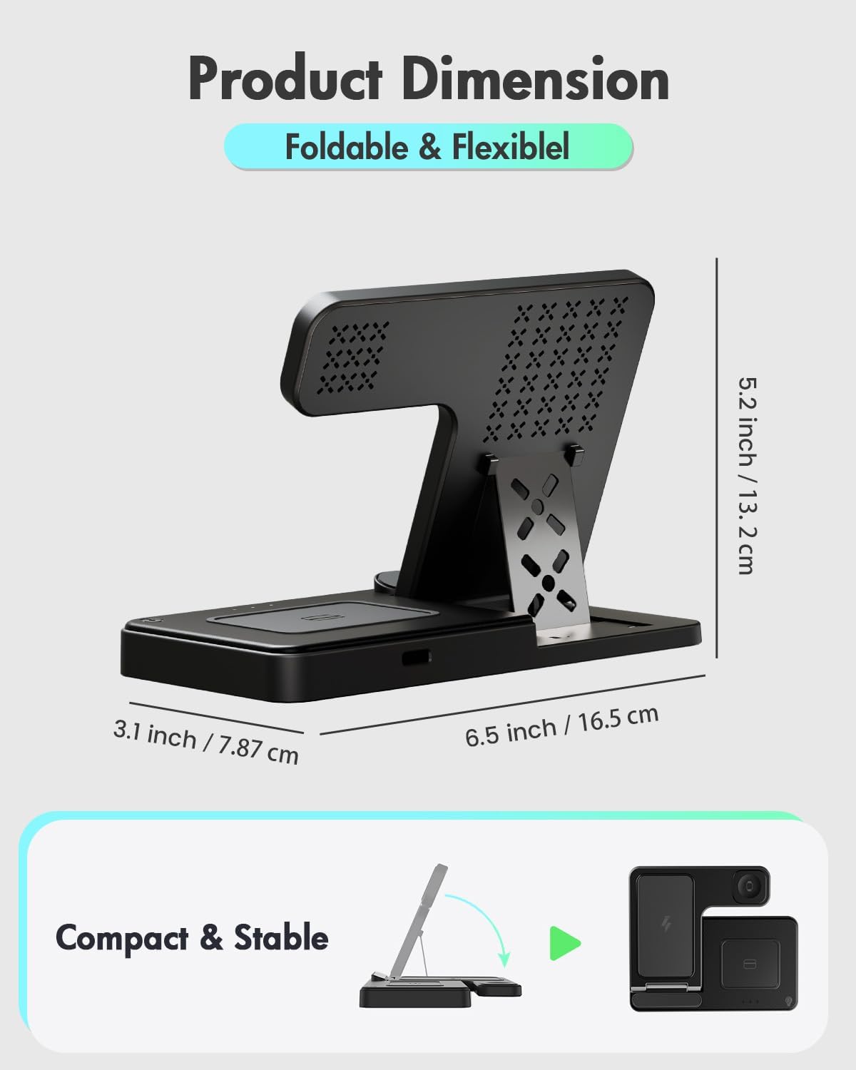 3-in-1 Foldable Wireless Charging Station for Apple - iPhone 17/16/15/14/13, Apple Watch Ultra/10/9/8, and AirPods Pro 4/3 4 Product Dimension