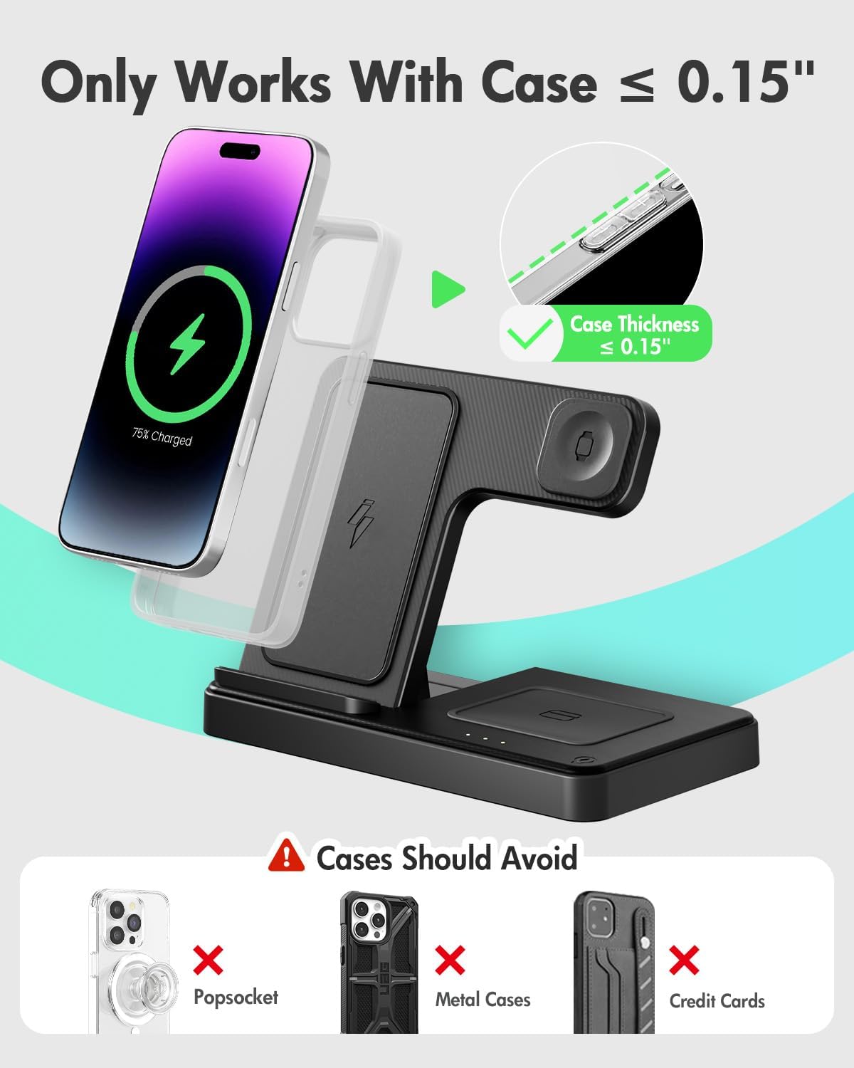 3-in-1 Foldable Wireless Charging Station for Apple - iPhone 17/16/15/14/13, Apple Watch Ultra/10/9/8, and AirPods Pro 4/3 3 Only works with case thickness