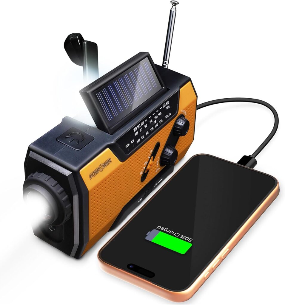 Emergency Solar Hand Crank Radio - 2000mAh Power Bank, AM/FM Portable Radio with Flashlight & SOS Alarm - Orange