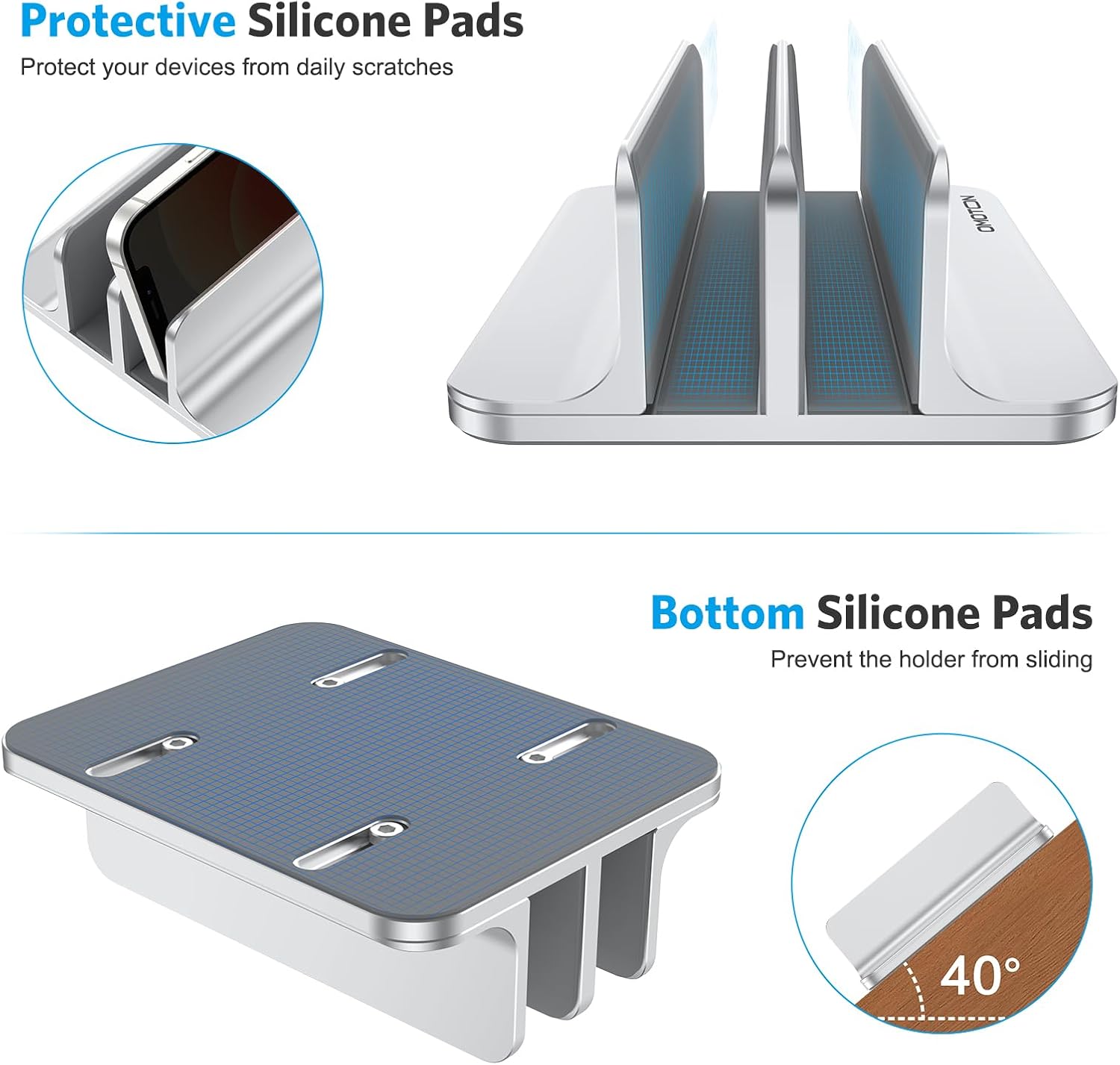 OMOTON Premium Double Vertical Laptop Stand (Anodized Aluminum) 7 Protective Bottom Silicone Pads