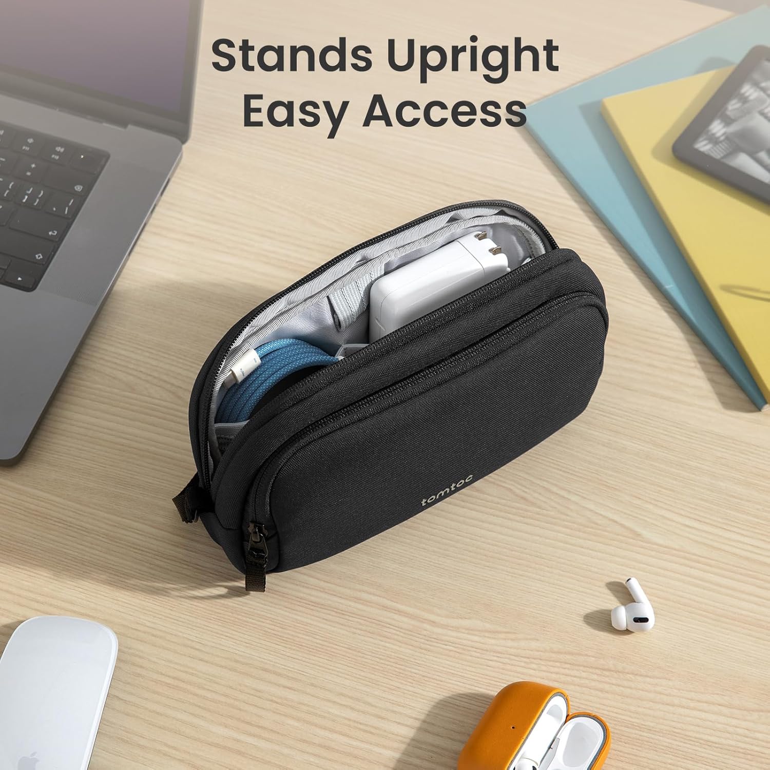 tomtoc Light-T12 Medium Tech Pouch – Dual Compartment EDC Organizer (Black) - Image 3