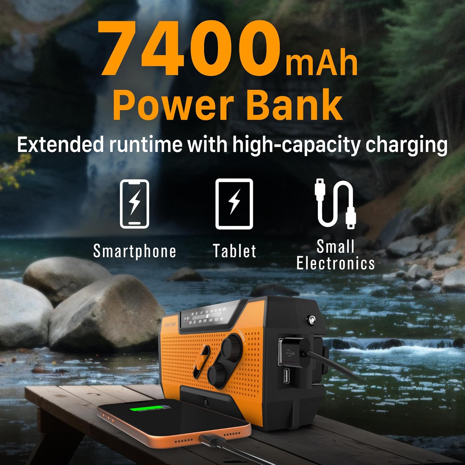 Emergency Solar Hand Crank Radio - 2000mAh Power Bank, AM/FM Portable Radio with Flashlight & SOS Alarm - Orange 3 Emergency Solar Hand Crank Radio - 2000mAh Power Bank, AM/FM Portable Radio with Flashlight & SOS Alarm - Orange - Image 3