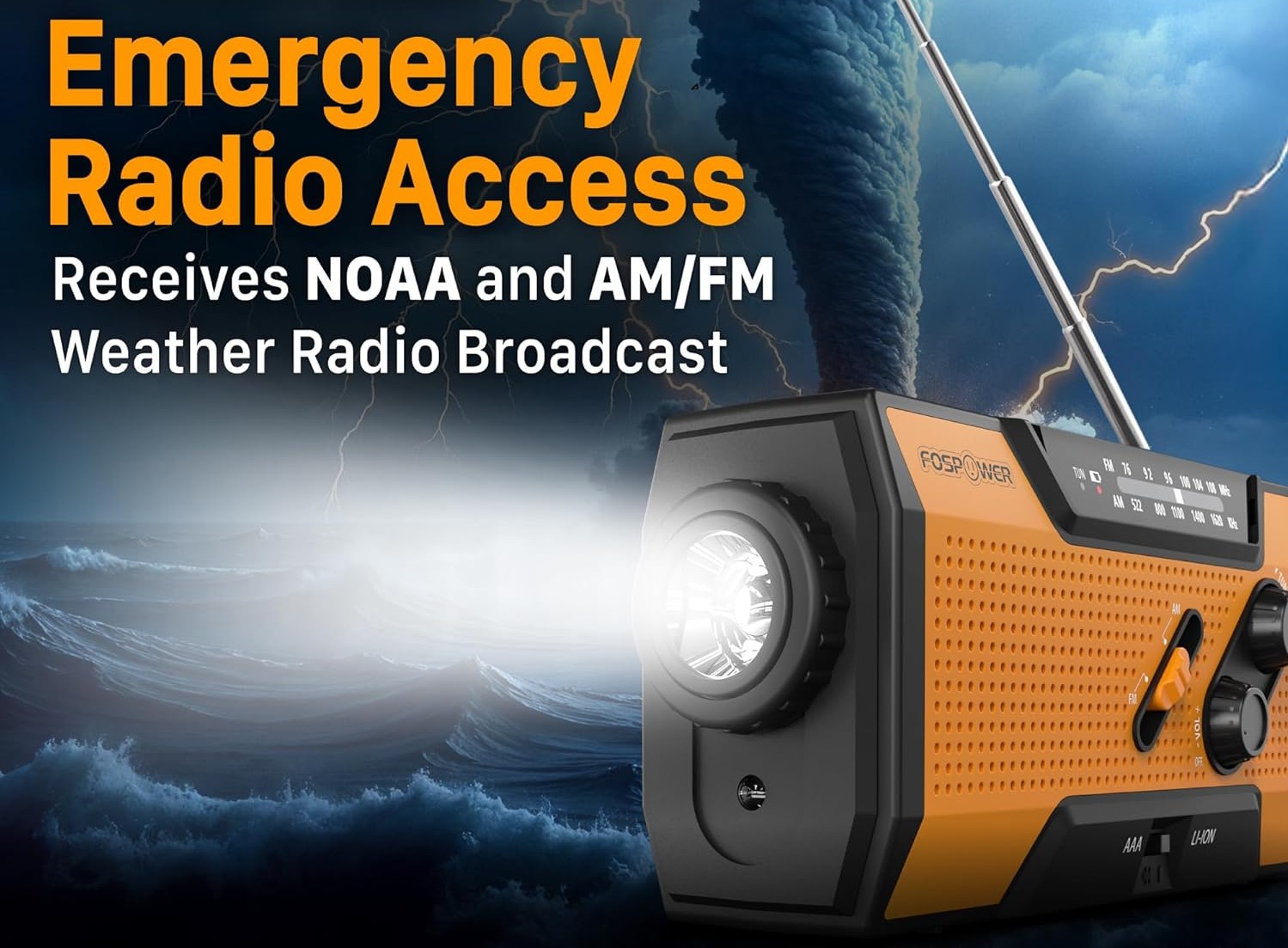 Emergency Solar Hand Crank Radio - 2000mAh Power Bank, AM/FM Portable Radio with Flashlight & SOS Alarm - Orange 2 Emergency Solar Hand Crank Radio - 2000mAh Power Bank, AM/FM Portable Radio with Flashlight & SOS Alarm - Orange - Image 2