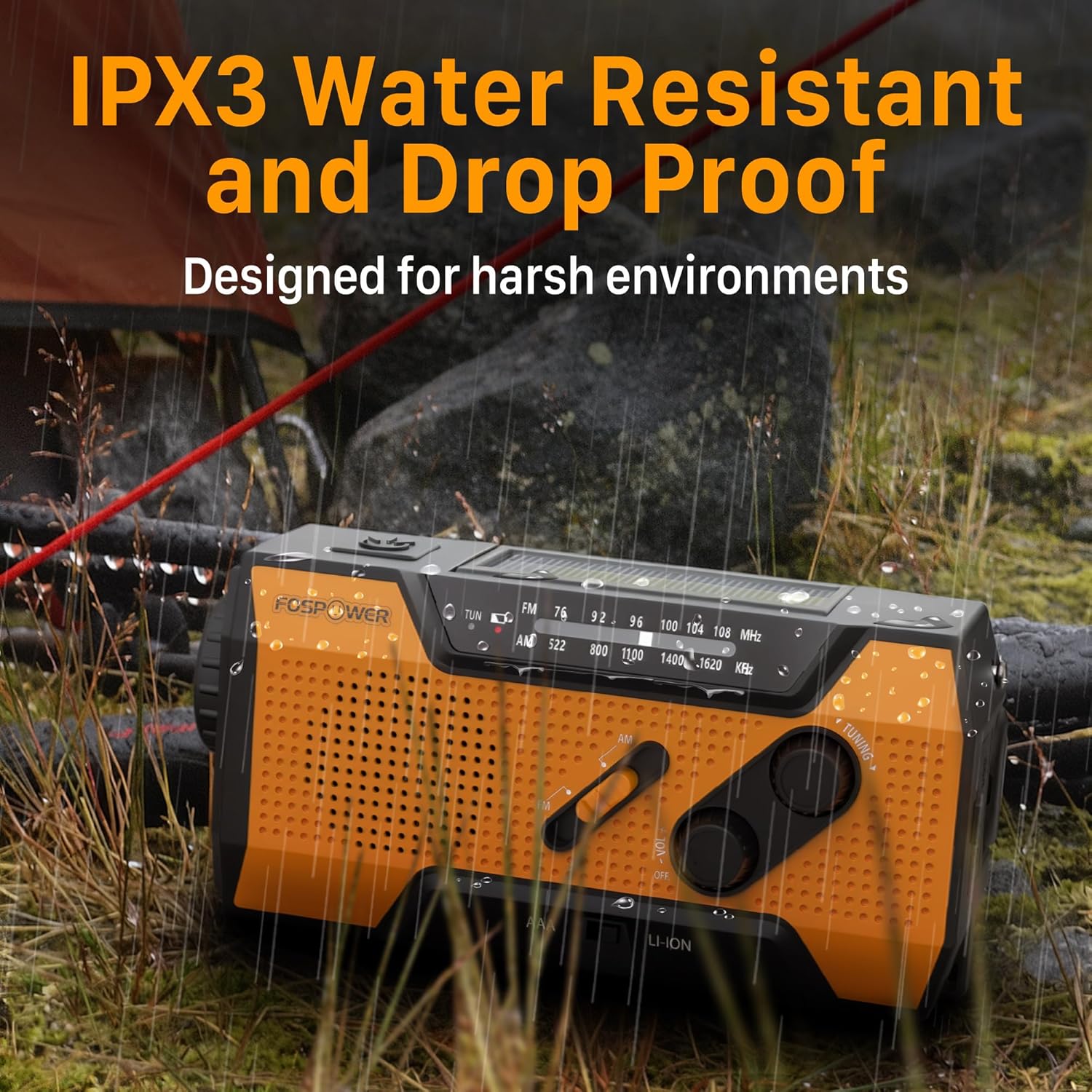 Emergency Solar Hand Crank Radio - 2000mAh Power Bank, AM/FM Portable Radio with Flashlight & SOS Alarm - Orange 7 IPX3 Water Resistant and Drop Proof