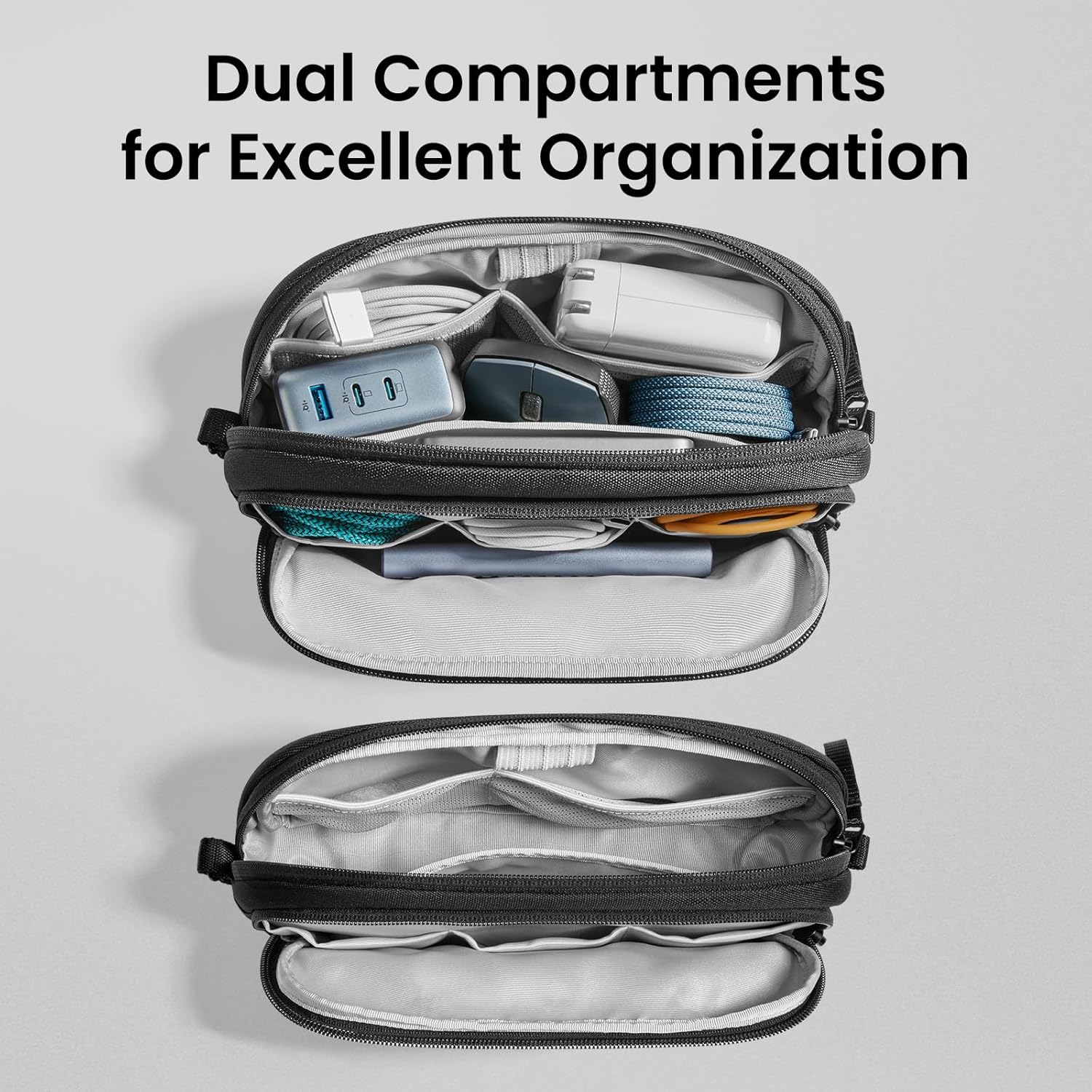 tomtoc Light-T12 Medium Tech Pouch – Dual Compartment EDC Organizer (Black) - Image 2