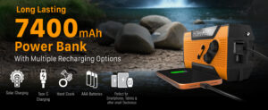 Emergency Solar Hand Crank Radio - 2000mAh Power Bank, AM/FM Portable Radio with Flashlight & SOS Alarm - Orange 9 Long Lasting 7400mAh Power Bank with Multiple Recharging Options