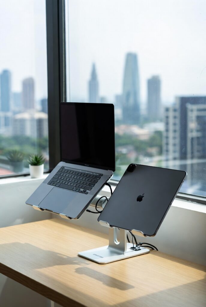 Your Guide to a Minimalist Nairobi Home Office 2 High-end minimalist home office in a modern Nairobi apartment, large window showing a blurred Westlands skyline, clean oak desk. A sleek silver double vertical laptop stand holding a MacBook Pro and an iPad Pro. Professional cable management, a small succulent plant, soft natural lighting, 8k resolution, photorealistic, tech-lifestyle aesthetic.