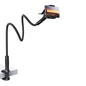 Lamicall GP05 Gooseneck Phone Holder clamped to a bed frame holding a smartphone