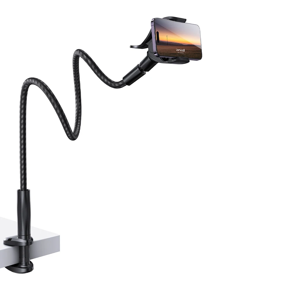 Lamicall GP05 Gooseneck Phone Holder clamped to a bed frame holding a smartphone